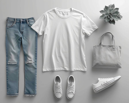 White t-shirt mockup with jeans, sneakers and bag on grey backgroundの素材