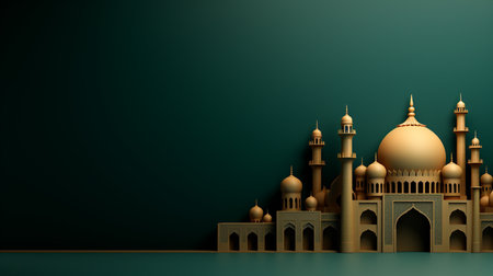 3d illustration of a mosque with golden minarets on a green backgroundの素材