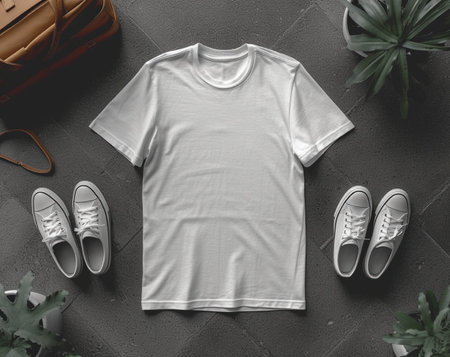 White t-shirt mockup on grey background with copy space, top viewの素材