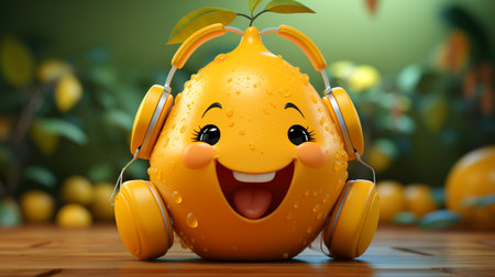Lemon listening to music in headphones. 3d rendering illustration.の素材