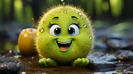 Cute green caterpillar sitting on a rock in the forest. 3d renderの素材