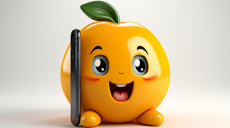 3D rendered Illustration of a Yellow Apple Cartoon Character with a Laptopの素材