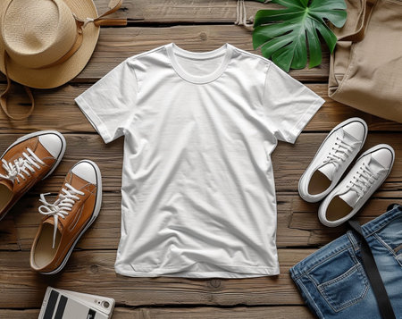 White t-shirt mockup on wooden background with summer accessories.の素材