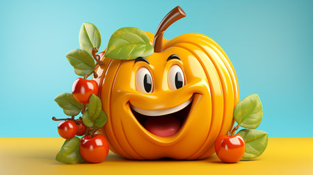 Smiling pumpkin with tomato 3d render on blue background with shadowの素材