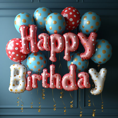 Happy birthday balloons with polka dot pattern on blue wall. 3D Renderの素材