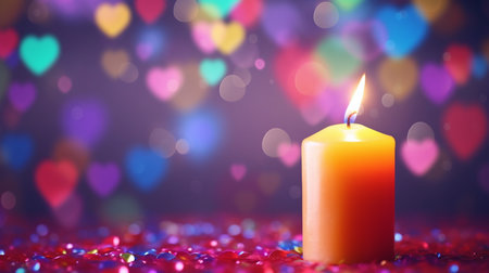 Burning candle with hearts on bokeh background. Valentine's dayの素材