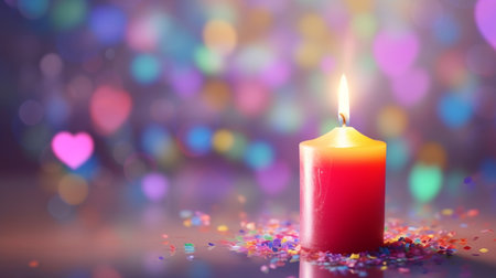 Burning candle with confetti and hearts on bokeh backgroundの素材