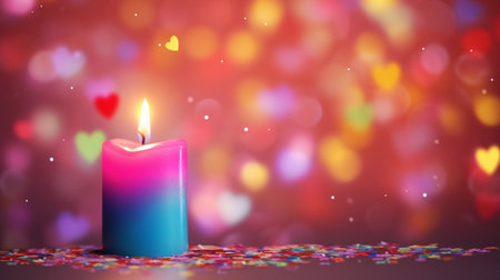 Candle with hearts and confetti on bokeh background.の素材