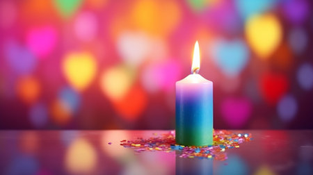 Candle and confetti on a colorful bokeh background.の素材