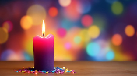 Burning candle on wooden table on multicolored bokeh backgroundの素材