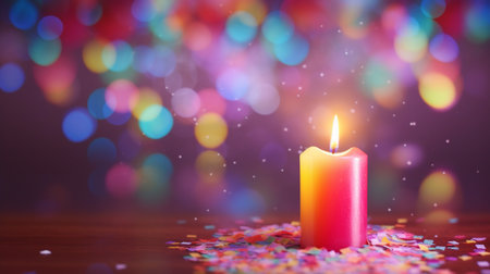 Candle with confetti and bokeh lights on background.の素材
