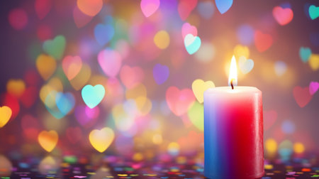 Valentines day background with burning candle and heart bokehの素材