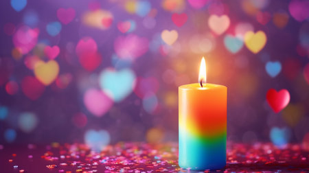 Candle with colorful hearts on bokeh background, valentines day conceptの素材