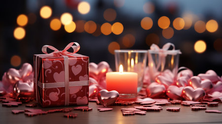 Gift box with red ribbon and hearts on bokeh backgroundの素材