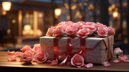 Beautiful gift box with roses on table in cafe, closeupの素材