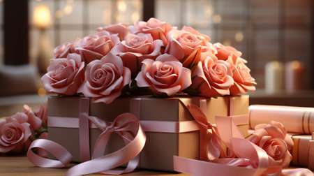 Bouquet of pink roses and gift boxes on a wooden tableの素材