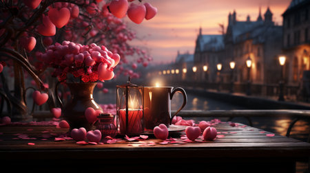Romantic evening in Paris, France. Romantic still life with heart-shaped candlesticks, red hearts, candles and rose petals on the table.の素材