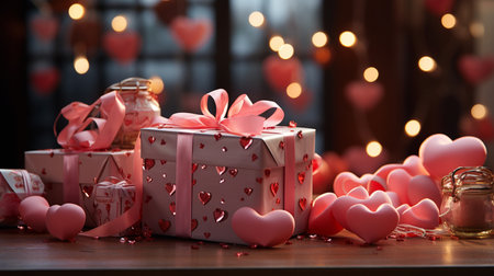 Valentine's Day background with hearts and gift boxes on wooden tableの素材