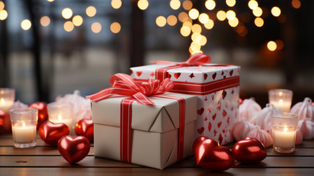 Gift boxes with red hearts and candles on wooden table, closeupの素材