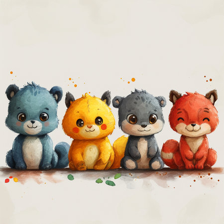 Hand drawn vector illustration of a group of cute cartoon animals sitting in a row.の素材