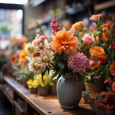 Beautiful bouquet of flowers in a vase on the shelfの素材