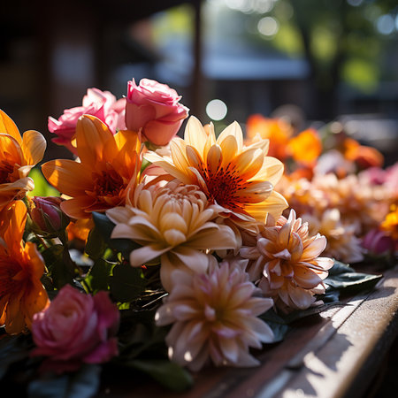 Bouquet of orange and pink flowers on the bench in the gardenの素材