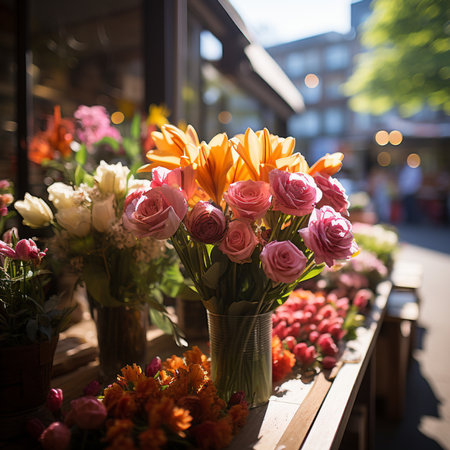 Bouquet of colorful flowers in a shop window. Shallow depth of fieldの素材