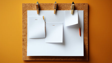 Blank sheets of paper with pencils on wooden board. Mock upの素材