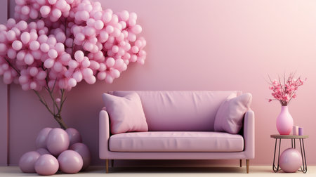 Living room with pink sofa and pink balloons. 3d rendering.の素材