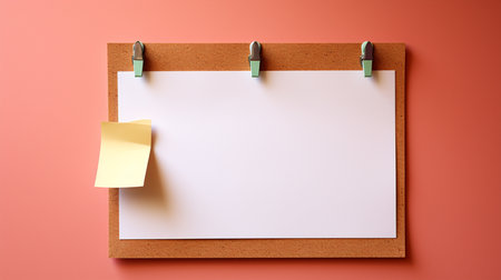 Blank sheet of paper pinned to a wooden notice board with sticky notesの素材