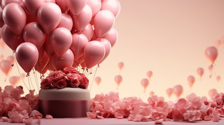 Valentine's day cake with roses and balloons, 3d renderの素材