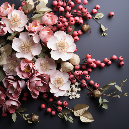 Beautiful autumn composition with flowers and berries on black background. Flat lay, top viewの素材