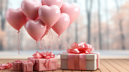 Pink heart shaped balloons and gift boxes on wooden table. 3d renderの素材