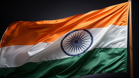 India Flag waving in the dark, 3d render, horizontal imageの素材