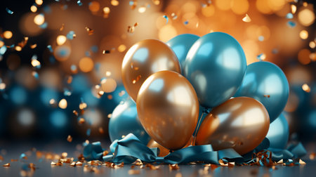 3d render of blue and golden balloons with ribbons and confettiの素材
