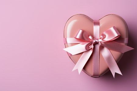 Heart shaped box with pink ribbon on pink background with copy space.の素材