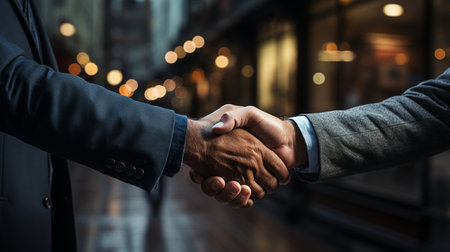 Close-up of two businessmen shaking hands in a business district.の素材