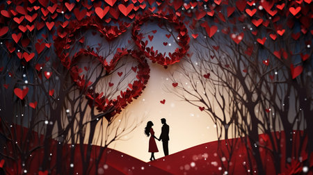 Couple in love against digitally generated image of heart-shaped treesの素材