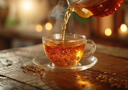 Pouring tea from teapot into cup on wooden table in cafeの素材