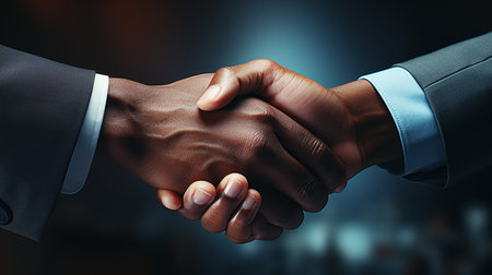 Partnership concept. Cropped image of two businessmen shaking hands on dark background.の素材