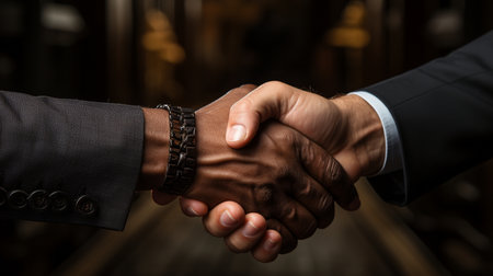 Close-up image of two business people shaking hands in office.の素材