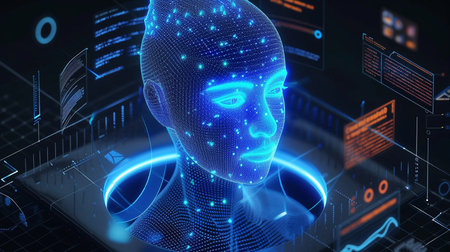 3d rendering female cyborg face with binary code on dark backgroundの素材