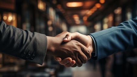 Partnership concept. Close up of two businesspeople shaking hands in officeの素材