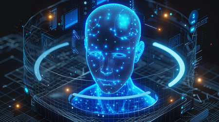 Digital cyborg head hologram, artificial intelligence concept. 3D Renderingの素材