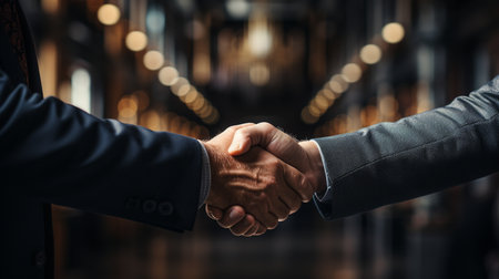 Close-up of business people shaking hands with each other in officeの素材