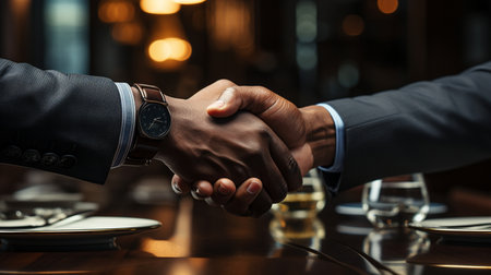 Close-up of two businessmen shaking hands in a restaurant. Business conceptの素材