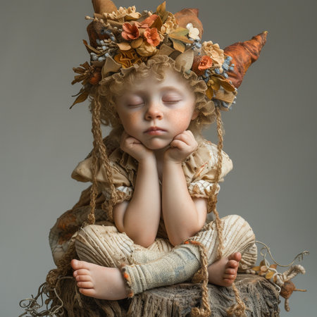 Portrait of a little girl in a wreath of flowers.の素材