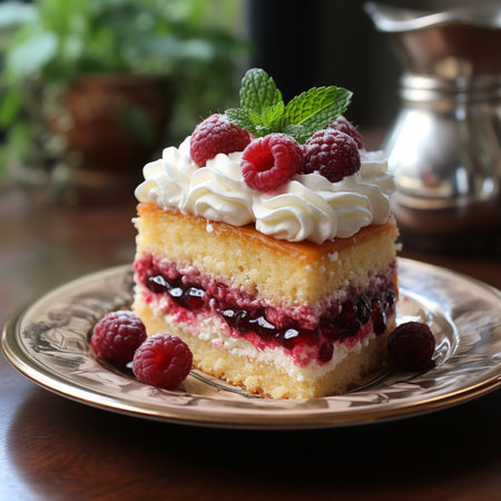 Raspberry cake with whipped cream and fresh raspberries, selective focusの素材