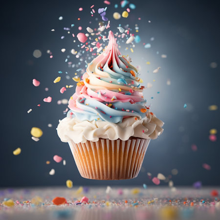 Birthday cupcake with colorful sprinkles and confetti on blue backgroundの素材