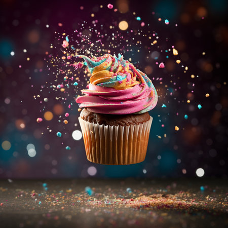 Birthday cupcake with colorful sprinkles on bokeh backgroundの素材